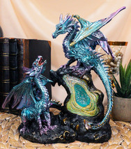 Dueling Dragons Family On Faux Emerald Quartz Geode LED Light Mountain Figurine - £34.55 GBP