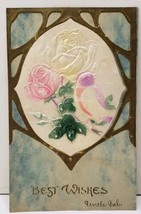 Best Wishes Embossed Bird &amp; Roses Metallic Airbrushed Golden Bronze Postcard F2 - £3.04 GBP