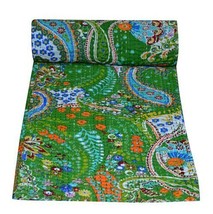 Green Paisley Print Kantha Quilt Vintage Kantha Bedspread Throw Cotton Blanket - £46.82 GBP+