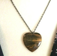 Tigers Eye Necklace Heart Pendant Natural Stone Gunmetal Black Stainless... - $18.00