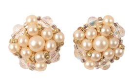 Faux Pearl and AB Rhinestone Clip On Button Earrings Excellent Estate Fresh - £6.03 GBP