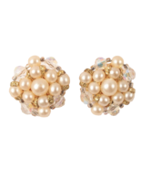 Faux Pearl and AB Rhinestone Clip On Button Earrings Excellent Estate Fresh - £6.09 GBP