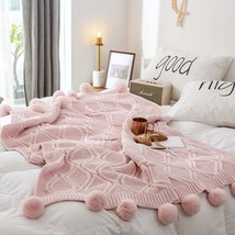 Pom Pom Throw Blanket, Pink Microfiber Soft Warm Handmade Knit Throw Blankets Fo - £65.55 GBP