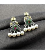 Dual Tone Real 925 Silver Dangle Emerald Pearl Jhumka Earrings for womens - $1,913.94 MXN