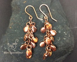 Handmade copper earrings: chainlink waterfall of iridescent glass pip beads - £17.58 GBP