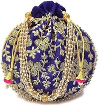 Women ethnic handbag Potli wristlet with Pearl &amp; embroidery (Royal Blu) - $21.08