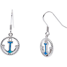 Silver Open Rope Design Circle with Center Large Blue Inlay Opal Anchor Earrings - £36.36 GBP