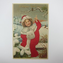Postcard New Year Child Girl Wears Silk Red Robe Snow Tree Bird Embossed Antique - £23.76 GBP