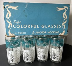 Set of 8 Vintage Anchor Hocking Teal Aqua &amp; White Teapot Glass 11 Oz. Tu... - £31.84 GBP