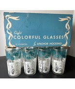 Set of 8 Vintage Anchor Hocking Teal Aqua &amp; White Teapot Glass 11 Oz. Tu... - £31.67 GBP