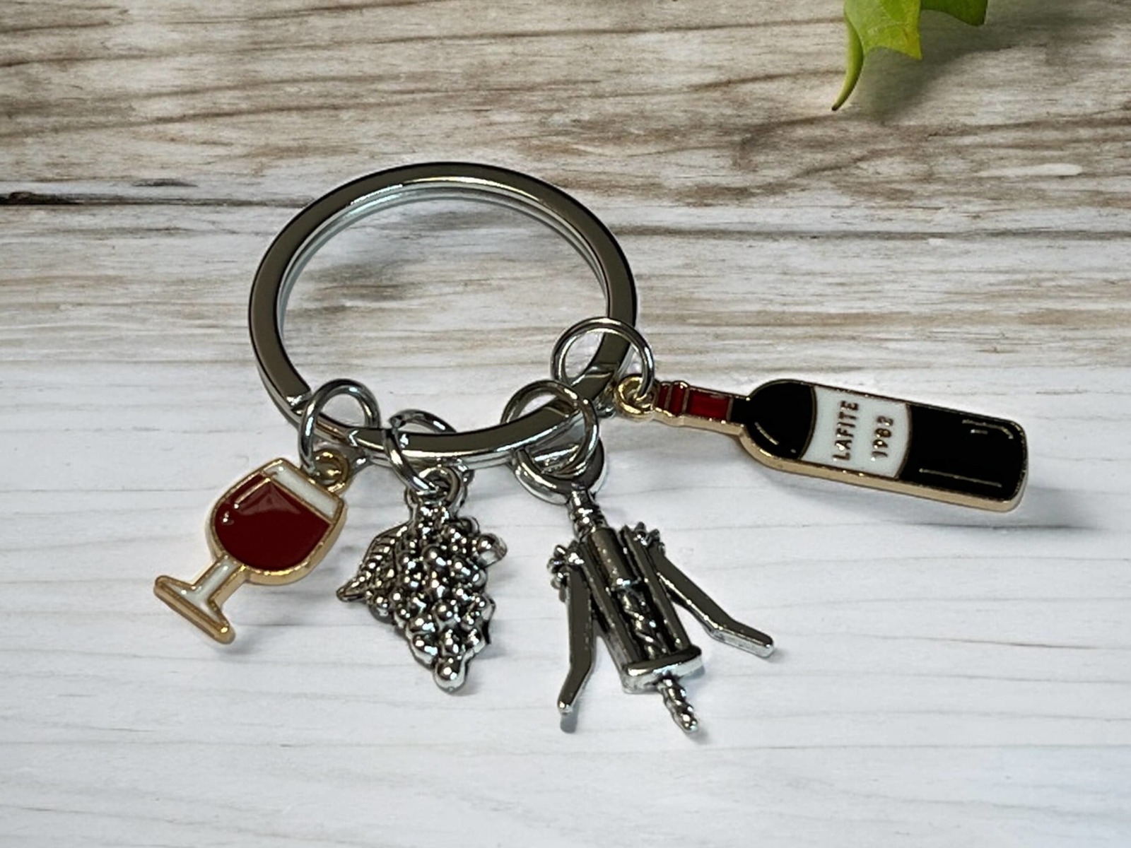 Wine Themed Keychain with Wine Glass, Grapes, Wine Bottle and Bottle Opener Char
