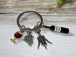 Wine Themed Keychain with Wine Glass, Grapes, Wine Bottle and Bottle Ope... - $5.95