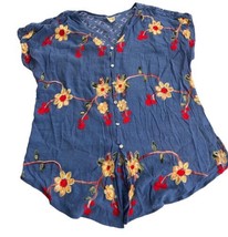 Fig &amp; Flower Anthropologie Embroidered Blouse Shirt Blue Tie Front Lace ... - £11.88 GBP