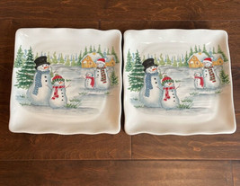 Maxcera 2 Dinner Plates Ceramic Square Scalloped Snowman Christmas Trees... - $42.98