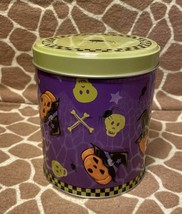 NIP Tin Box Company Halloween Round Tin Pumpkins Skeletons PURPLE Background - £4.74 GBP