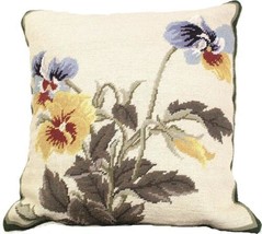 Throw Pillow Needlepoint Pansies Flower 18x18 Violet Rust Blue Gold Green - £239.58 GBP