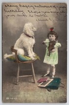 Little Girl Plays Violin To Poodle On Chair Hand Painted Collar Postcard... - £15.64 GBP