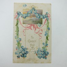 Postcard Sailboat at Sea Blue Flowers Floral Bouquet Pink Ribbon Antique 1911 - £4.49 GBP