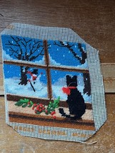 Finished Small Needlepoint Picture of Black Kitty Cat Looking out Window w Snowm - £8.90 GBP