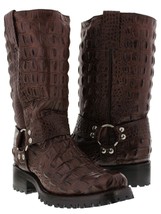 Mens Brown Biker Boots Crocodile Back Pattern Leather Cowboy Motorcycle Square - £134.18 GBP