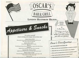 Oscar&#39;s Bar &amp; Grill Menu London Heathrow Hilton Hotel England May 1992 - £21.79 GBP