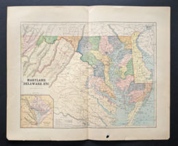 Antique Original 1890 Maryland Delaware Hunt &amp; Eaton Colored Map 13x11 - £22.67 GBP