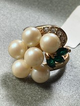 Large Cream Faux Pearl Cluster w Dark Green &amp; Clear Rhinestone Goldtone Cocktail - £10.35 GBP