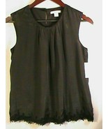 Colgwater Creek top women-XS-4 sleeveless black crepe lace trim blouse s... - £27.52 GBP