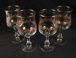 4 Christmas Wine Glass Stemware Goblets Holly Berry Ribbon Pattern Libbey 10oz - $23.36