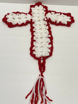 Vintage Handmade Crocheted Cross Wall Hanging Red and White 18 x 11 in - £1,098.30 GBP