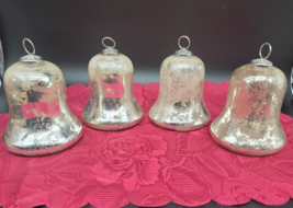 Vintage Christmas Ornaments 4 Mercury Glass Hand Blown Bell 5&quot;x4&quot; Holiday Decor - £32.77 GBP