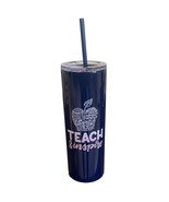 Maars Navy Blue &amp; Pink Teach &amp; Inspire Metal Tumbler Cup w/ Lid &amp; Straw ... - $19.55