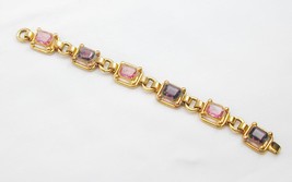 Vint Chunky Emerald Cut Pink Purple Jeweled Link Bracelet Gold Tone 8&quot; - £23.89 GBP