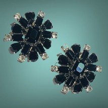 Weiss Rare Large  Black &amp; Clear Rhinestone Glass Prong  Clip On Earrings - £55.88 GBP