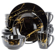 Elama Fine Marble 16 Piece Porcelain Dinnerware Set in Black with Gold V... - $1,680.25 MXN