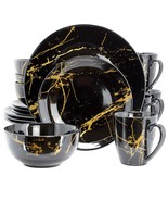 Elama Fine Marble 16 Piece Porcelain Dinnerware Set in Black with Gold V... - €77,01 EUR