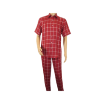 Men INSERCH premium Soft Cool Linen  2pc Walking Leisure suit 7098 Red Plaid image 3