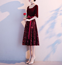 Black Half Sleeve Velvet Midi Dress Womens Custom Plus Size Cocktail Dress image 10
