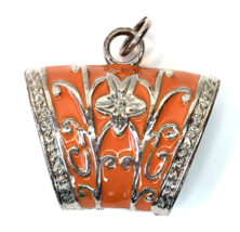 Silver Tone &amp; Orange Enamel Scarf Pendant Floral Design - £9.07 GBP