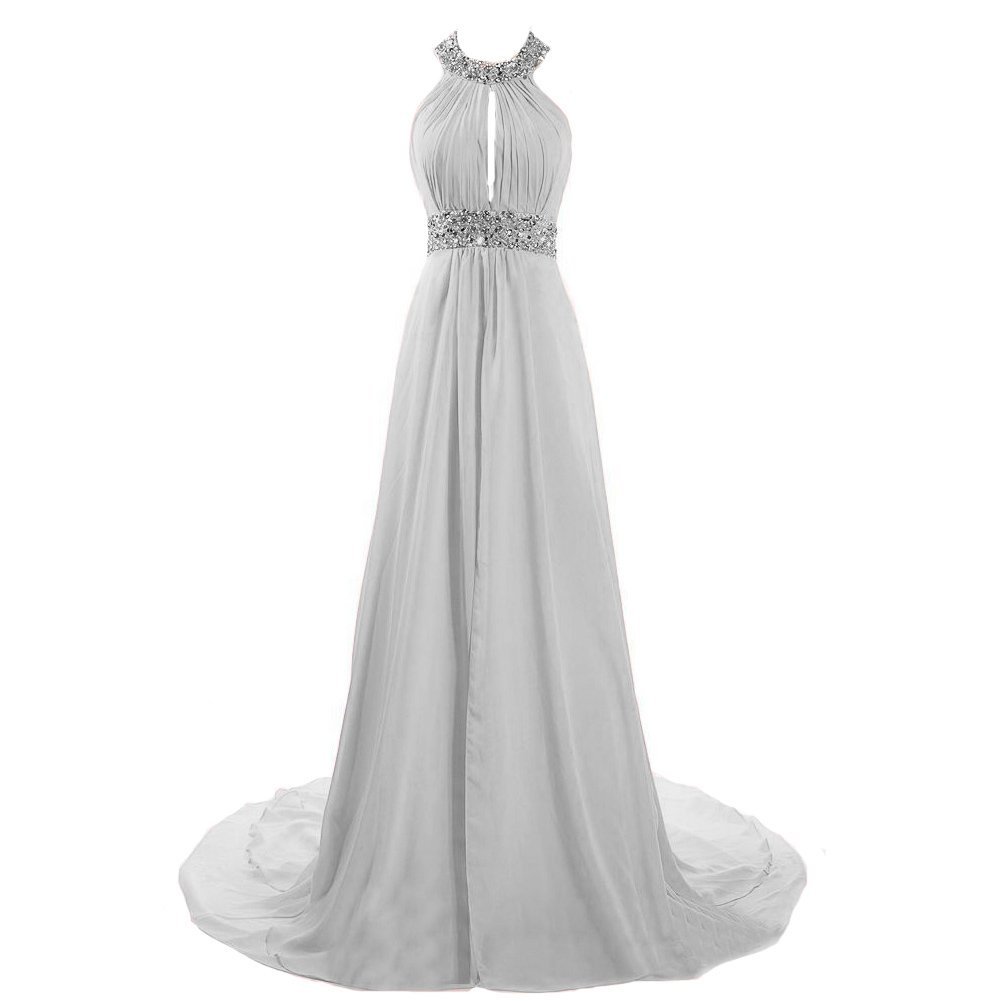 Kivary Women's Halter Beaded A Line 2 Layers Chiffon Front Slit Prom Evening Par