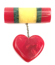 Vintage Bakelite Brooch Pin Dangling Heart Cherry Red 2.5&quot; Patriotic Style - £179.85 GBP