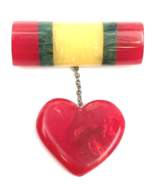 Vintage Bakelite Brooch Pin Dangling Heart Cherry Red 2.5&quot; Patriotic Style - £177.78 GBP