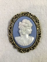 Vintage Blue Carved Cameo Brooch Pendant Gold Tone Metal 2&quot; Gerry ? Victorian - £11.53 GBP