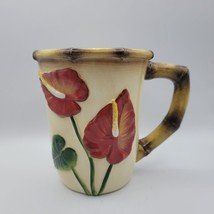 Pacific Rim Tiki Bamboo Mug Coffee Cup Tea Flower Floral Garden Red Brow... - $17.60