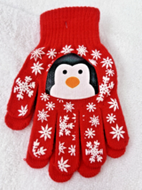 New Penguin Christmas Stretchy Gloves Red with White Snowflakes - $8.42