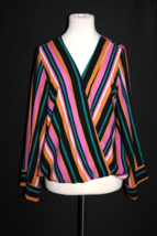 Allison Joy Pink Black Striped Blouse Bell Sleeve Twist Front V-Neck Size M - £17.77 GBP