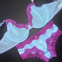 Victoria&#39;s Secret Unlined 34B Bra Set Xs Panty Blue Purple Pink Tease Mesh Lace - £53.44 GBP