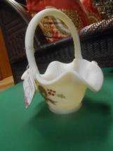 Beautiful  FENTON White Satin Custard Handpainted Floral design BASKET  Signed - $68.89