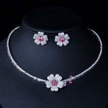 CZ Crystal Red Rose Flower Women Choker Necklace and Earrings Bridal Jewelry Set - £40.32 GBP