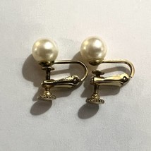 Vintage MARVELLA Faux Pearl Earrings Signed Gold Tone Clip On Screw Back - $24.70